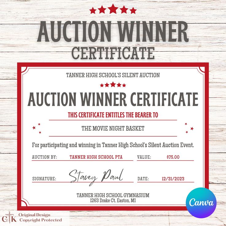Silent Auction Winner Certificate Template Auction Item Certificate ...
